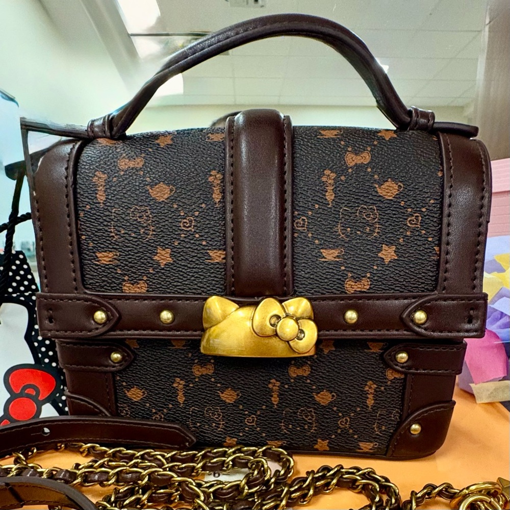 Hello Kitty Brown Monogram Crossbody Satchel with Gold Accent Hardware - Picture 2 of 9